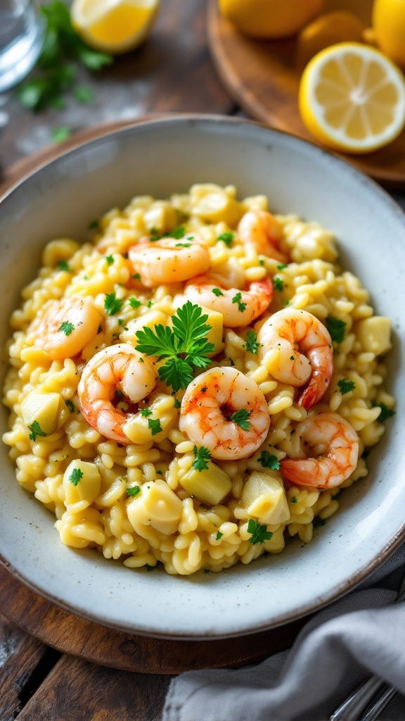 A bowl of creamy risotto with artichokes and shrimp, garnished with parsley, on a rustic table with a lemon wedge.